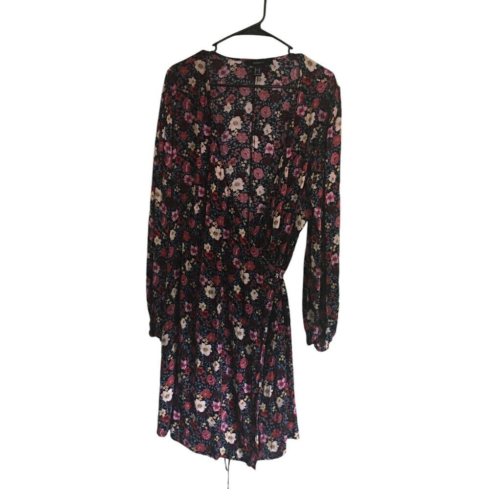 Forever 21 Wrap Dress Women's Size 2X Black Floral Kimono Long Sleeve Tie